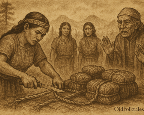A sepia-toned landscape illustration on aged rice parchment depicts a pivotal moment from the K'iche' Maya folktale "The Woman Who Cut the Sacred Rope." In the misty highlands of Guatemala, surrounded by pine forests and volcanic peaks, a woman named Ixchel kneels in the foreground, cutting a thick, intricately braided ceremonial rope with a sharp knife. The rope binds sacred ritual bundles wrapped in patterned textiles, which now lie scattered. Her expression is focused yet unaware of the gravity of her act. Behind her, three villagers—an elderly ritual keeper with a sorrowful gaze and two younger observers—stand in stunned silence. The mist curls through the valley, symbolizing the unraveling of community unity. At the bottom right corner, the inscription "OldFolktales.com" is elegantly written.