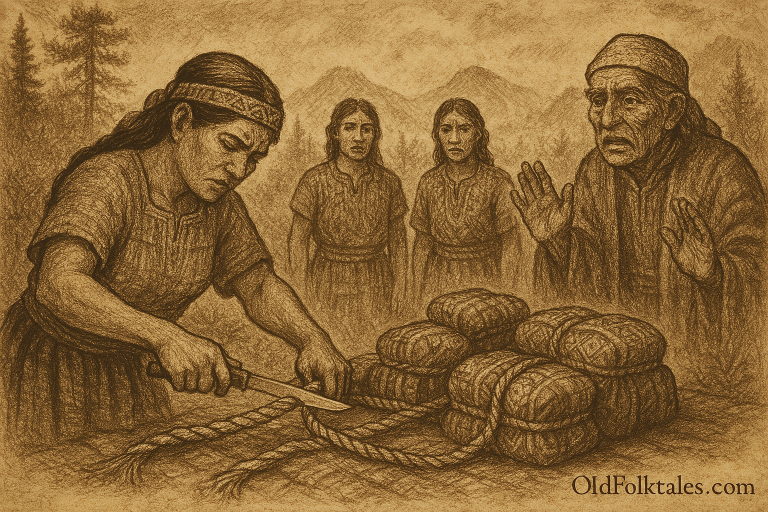 A sepia-toned landscape illustration on aged rice parchment depicts a pivotal moment from the K'iche' Maya folktale "The Woman Who Cut the Sacred Rope." In the misty highlands of Guatemala, surrounded by pine forests and volcanic peaks, a woman named Ixchel kneels in the foreground, cutting a thick, intricately braided ceremonial rope with a sharp knife. The rope binds sacred ritual bundles wrapped in patterned textiles, which now lie scattered. Her expression is focused yet unaware of the gravity of her act. Behind her, three villagers—an elderly ritual keeper with a sorrowful gaze and two younger observers—stand in stunned silence. The mist curls through the valley, symbolizing the unraveling of community unity. At the bottom right corner, the inscription "OldFolktales.com" is elegantly written.