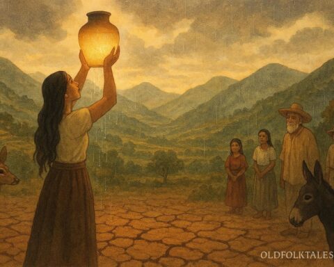 A Mixtec woman releasing rain from a sacred jar over Oaxaca fields.