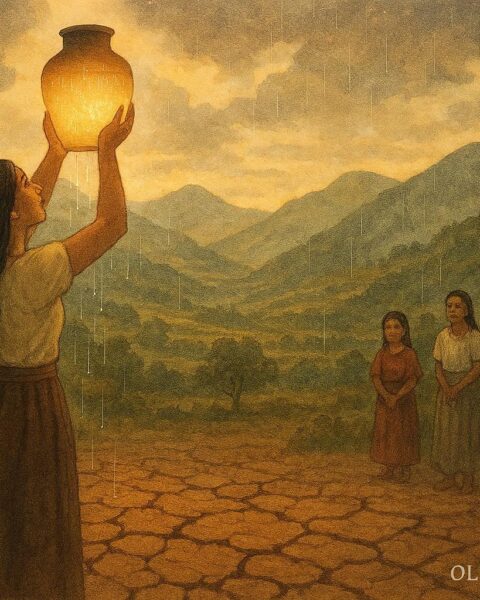 A Mixtec woman releasing rain from a sacred jar over Oaxaca fields.