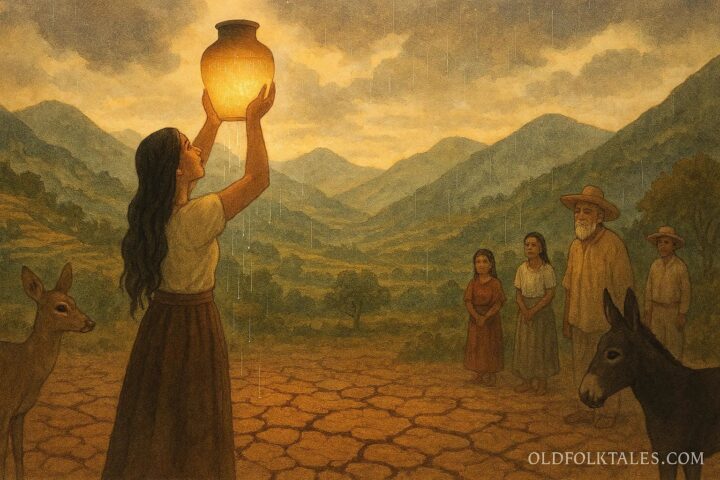 A Mixtec woman releasing rain from a sacred jar over Oaxaca fields.