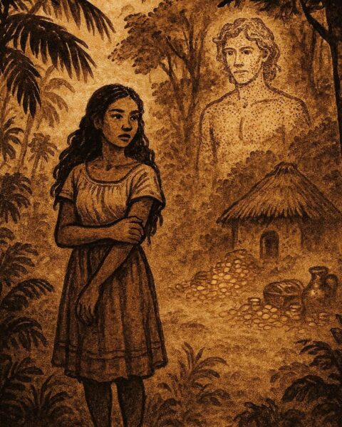 Parchment-style artwork of Alika with her mysterious forest spirit husband in Afro-Caribbean folklore.