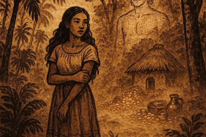 Parchment-style artwork of Alika with her mysterious forest spirit husband in Afro-Caribbean folklore.