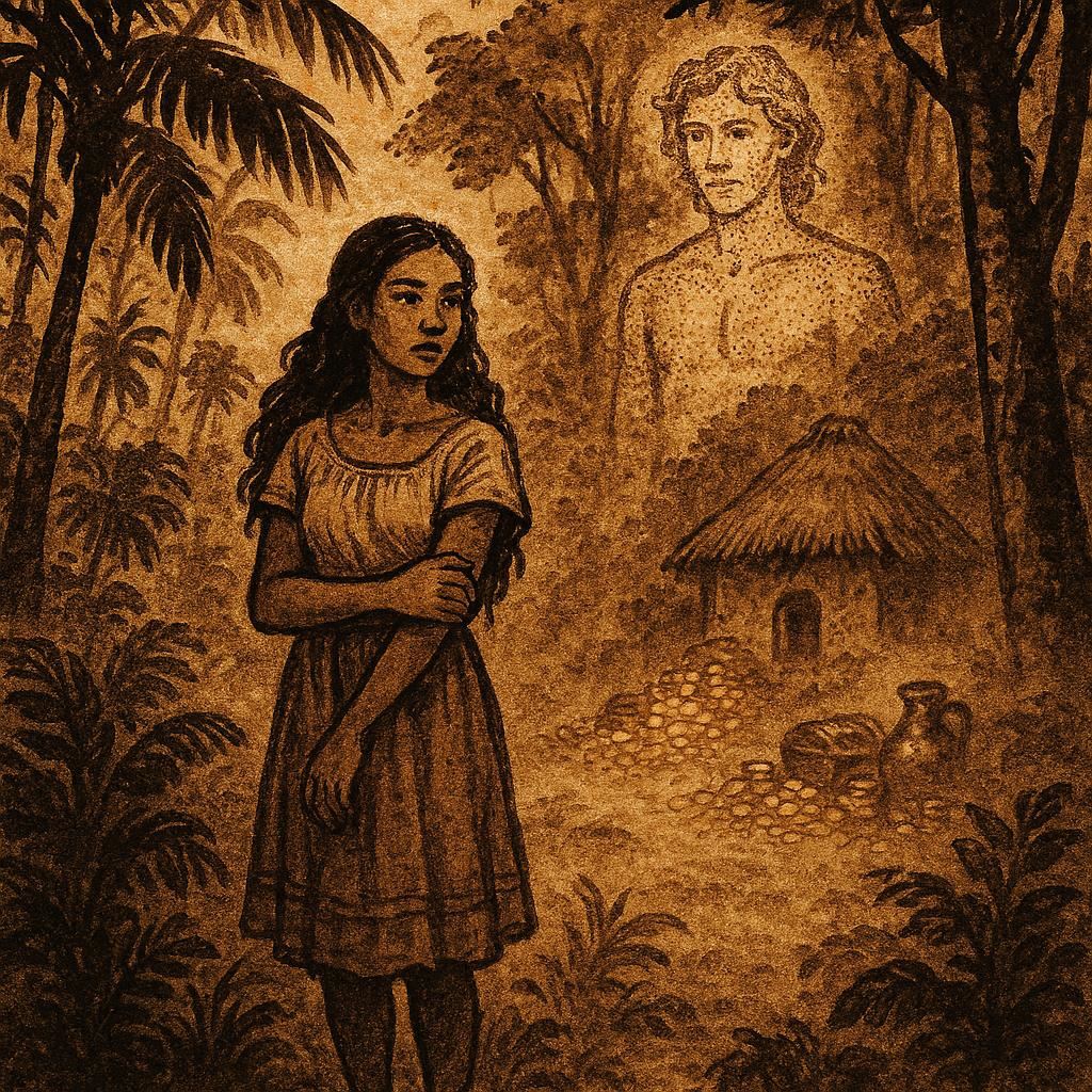 Parchment-style artwork of Alika with her mysterious forest spirit husband in Afro-Caribbean folklore.