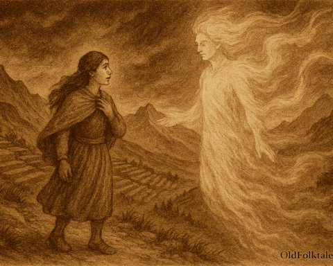 Sepia-toned illustration on aged rice parchment showing a young Andean woman named Qori standing on a high mountain path in the Bolivian Andes. Beside her, the wind spirit Wayra takes human form as a luminous figure made of swirling mist and air. Terraced fields cascade down the mountainside, distant peaks rise in the background, and dark storm clouds gather overhead. "OldFolktales.com" is inscribed in the bottom right corner.