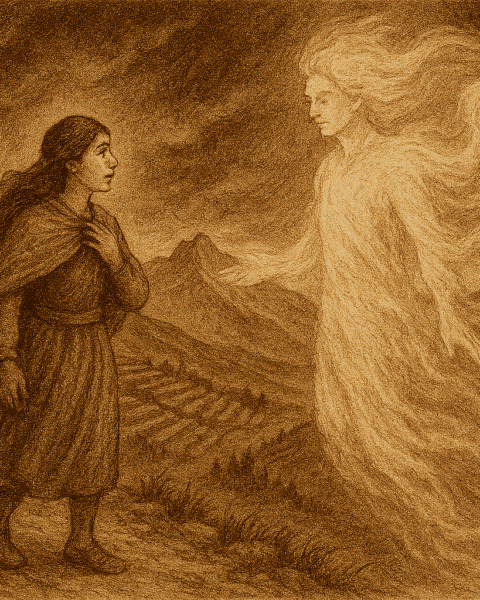 Sepia-toned illustration on aged rice parchment showing a young Andean woman named Qori standing on a high mountain path in the Bolivian Andes. Beside her, the wind spirit Wayra takes human form as a luminous figure made of swirling mist and air. Terraced fields cascade down the mountainside, distant peaks rise in the background, and dark storm clouds gather overhead. "OldFolktales.com" is inscribed in the bottom right corner.
