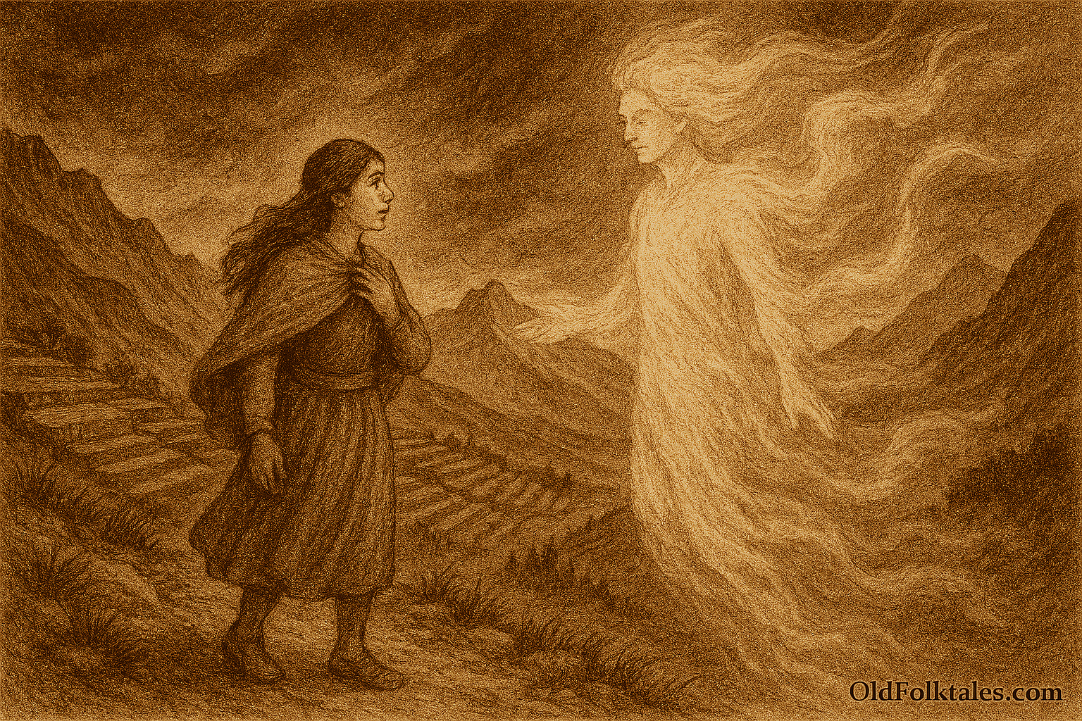 Sepia-toned illustration on aged rice parchment showing a young Andean woman named Qori standing on a high mountain path in the Bolivian Andes. Beside her, the wind spirit Wayra takes human form as a luminous figure made of swirling mist and air. Terraced fields cascade down the mountainside, distant peaks rise in the background, and dark storm clouds gather overhead. "OldFolktales.com" is inscribed in the bottom right corner.