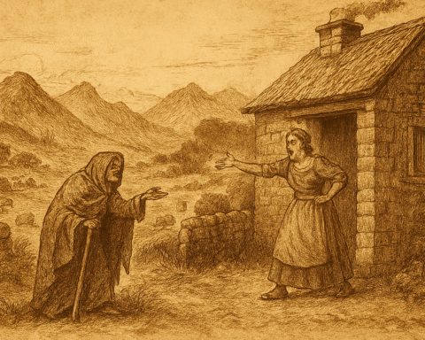 A sepia-toned illustration on aged parchment depicts a dramatic folktale scene in the Scottish Highlands. On the right, a wealthy woman stands in the doorway of a large stone cottage with a thatched roof and smoking chimney. She wears a long dress and apron, her posture stern and accusatory as she points toward a hunched beggar woman. The beggar, cloaked in tattered garments and leaning on a wooden staff, extends a pleading hand. Between them lies a dry-stone wall, and beyond it, sheep graze among rolling hills that rise into misty, rugged mountains. The sky is streaked with soft clouds, and the entire image is rendered in detailed cross-hatching and warm sepia tones, evoking the texture of aged rice parchment.