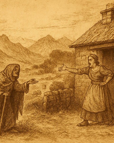 A sepia-toned illustration on aged parchment depicts a dramatic folktale scene in the Scottish Highlands. On the right, a wealthy woman stands in the doorway of a large stone cottage with a thatched roof and smoking chimney. She wears a long dress and apron, her posture stern and accusatory as she points toward a hunched beggar woman. The beggar, cloaked in tattered garments and leaning on a wooden staff, extends a pleading hand. Between them lies a dry-stone wall, and beyond it, sheep graze among rolling hills that rise into misty, rugged mountains. The sky is streaked with soft clouds, and the entire image is rendered in detailed cross-hatching and warm sepia tones, evoking the texture of aged rice parchment.