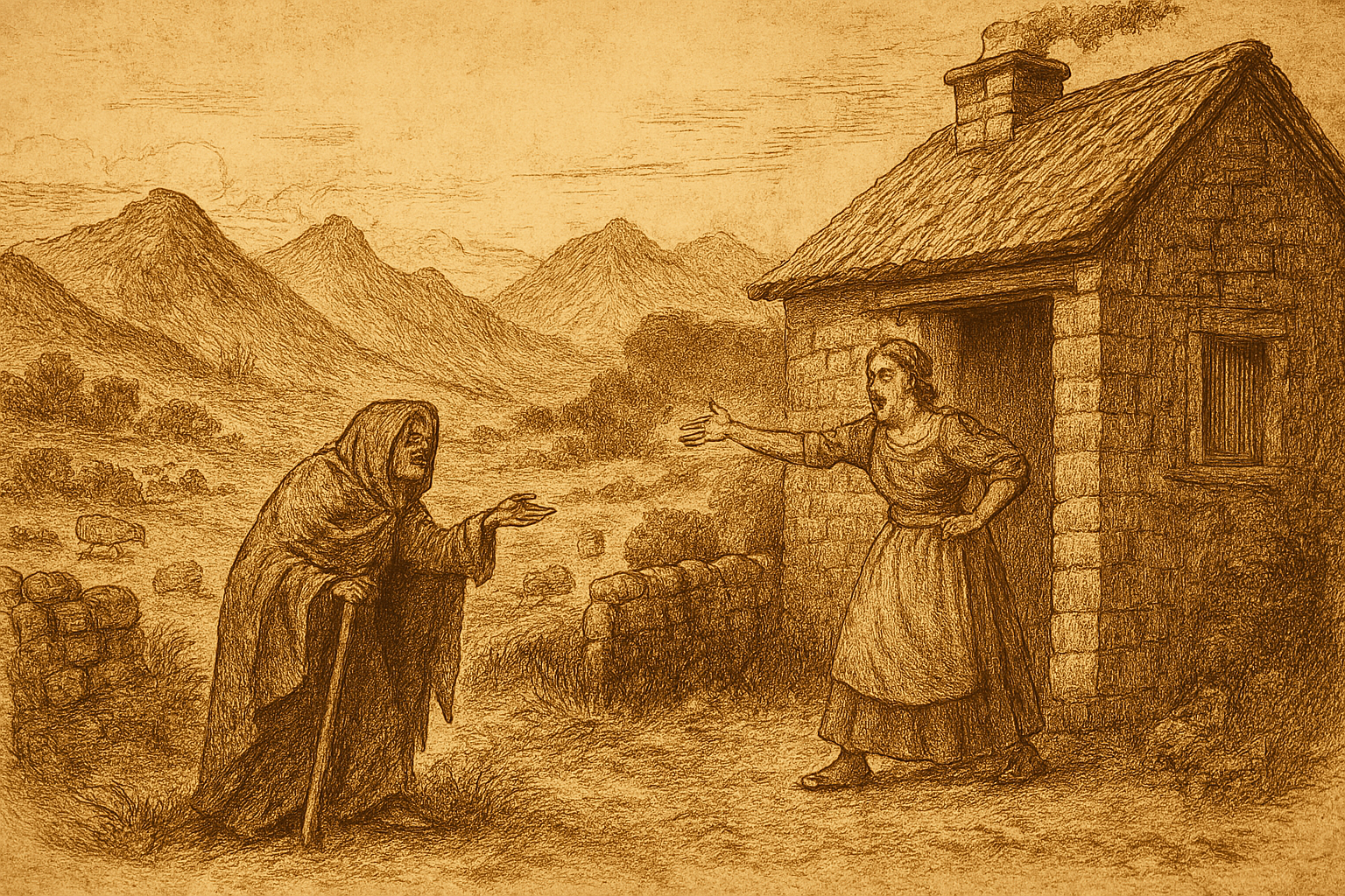 A sepia-toned illustration on aged parchment depicts a dramatic folktale scene in the Scottish Highlands. On the right, a wealthy woman stands in the doorway of a large stone cottage with a thatched roof and smoking chimney. She wears a long dress and apron, her posture stern and accusatory as she points toward a hunched beggar woman. The beggar, cloaked in tattered garments and leaning on a wooden staff, extends a pleading hand. Between them lies a dry-stone wall, and beyond it, sheep graze among rolling hills that rise into misty, rugged mountains. The sky is streaked with soft clouds, and the entire image is rendered in detailed cross-hatching and warm sepia tones, evoking the texture of aged rice parchment.