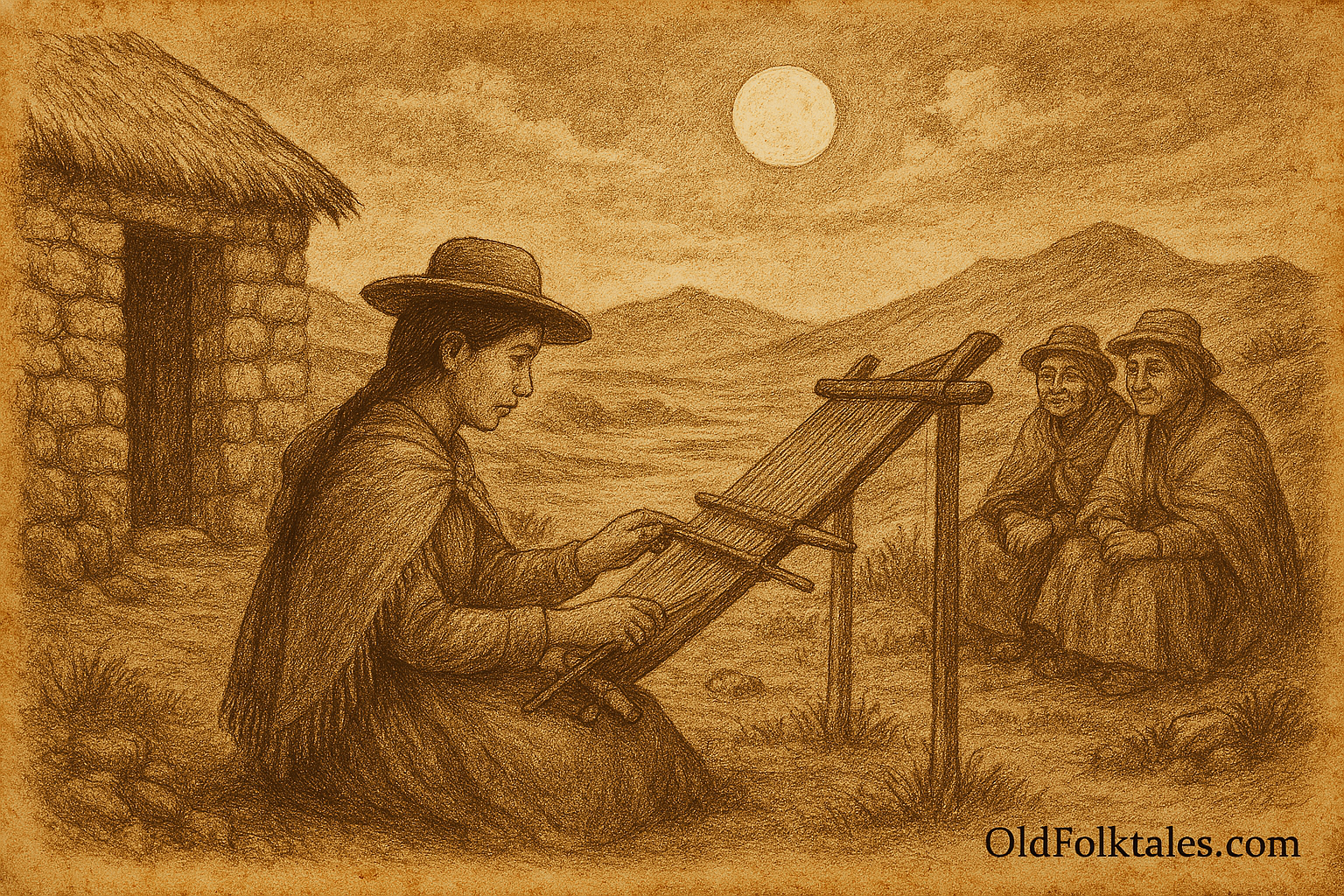 Sepia-toned illustration on aged rice parchment depicting an Aymara woman weaving on a traditional backstrap loom under a moonlit Bolivian altiplano sky. She sits outside a rustic stone house, focused on her craft, while two elder women watch quietly nearby. The full moon glows above the high plateau, casting soft light over the scene and symbolizing sacred timing. "OldFolktales.com" is inscribed at the bottom right corner.