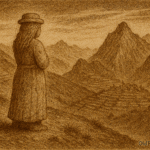 Sepia-toned illustration on aged rice parchment depicting a solitary stone huaca shaped like a woman standing on a barren hillside in the Peruvian Andes. Her back is turned toward a distant village nestled among terraced mountains under a sky streaked with thin clouds. The cold highland light and rugged terrain evoke Kusisita’s isolation after defying sacred mourning rituals. “OldFolktales.com” is inscribed in the bottom right corner.