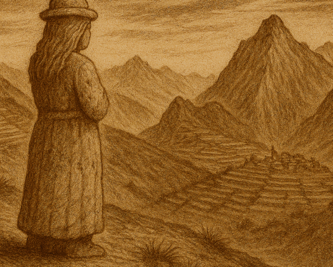 Sepia-toned illustration on aged rice parchment depicting a solitary stone huaca shaped like a woman standing on a barren hillside in the Peruvian Andes. Her back is turned toward a distant village nestled among terraced mountains under a sky streaked with thin clouds. The cold highland light and rugged terrain evoke Kusisita’s isolation after defying sacred mourning rituals. “OldFolktales.com” is inscribed in the bottom right corner.