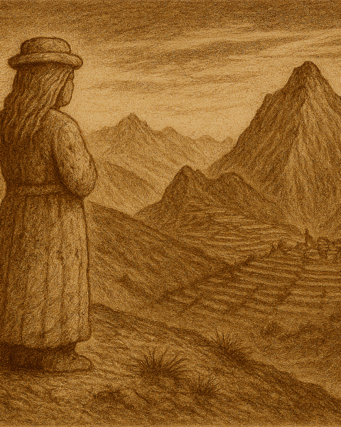 Sepia-toned illustration on aged rice parchment depicting a solitary stone huaca shaped like a woman standing on a barren hillside in the Peruvian Andes. Her back is turned toward a distant village nestled among terraced mountains under a sky streaked with thin clouds. The cold highland light and rugged terrain evoke Kusisita’s isolation after defying sacred mourning rituals. “OldFolktales.com” is inscribed in the bottom right corner.