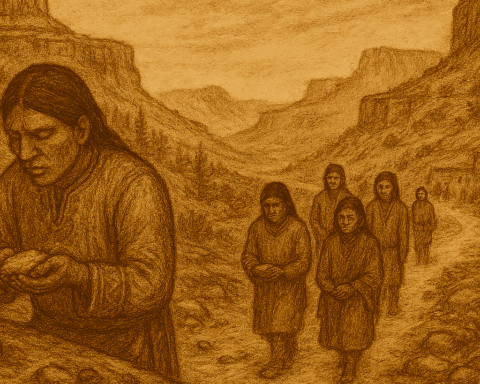 A sepia-toned illustration on aged parchment depicts a narrow pilgrimage path winding through a canyon in the high desert of western New Mexico. Layered mesas rise steeply on both sides, etched with striations and shadows. Along the rocky path, five Zuni pilgrims walk in solemn single file, each carrying a small offering of cornmeal in cupped hands. They wear long-sleeved traditional garments and headbands, their expressions reverent and contemplative. Sparse desert vegetation sagebrush and tufts of grass dots the landscape, and scattered stones line the path. The sky above is soft and wispy, suggesting a sacred stillness. “OldFolktales.com” is inscribed in the bottom right corner.