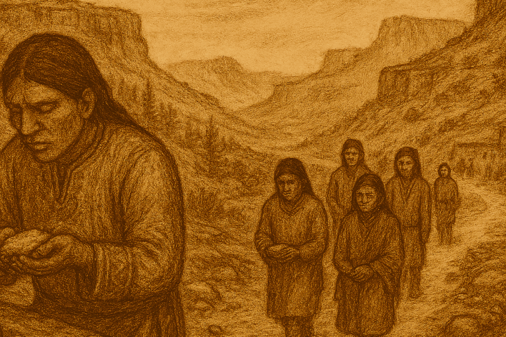 A sepia-toned illustration on aged parchment depicts a narrow pilgrimage path winding through a canyon in the high desert of western New Mexico. Layered mesas rise steeply on both sides, etched with striations and shadows. Along the rocky path, five Zuni pilgrims walk in solemn single file, each carrying a small offering of cornmeal in cupped hands. They wear long-sleeved traditional garments and headbands, their expressions reverent and contemplative. Sparse desert vegetation sagebrush and tufts of grass dots the landscape, and scattered stones line the path. The sky above is soft and wispy, suggesting a sacred stillness. “OldFolktales.com” is inscribed in the bottom right corner.
