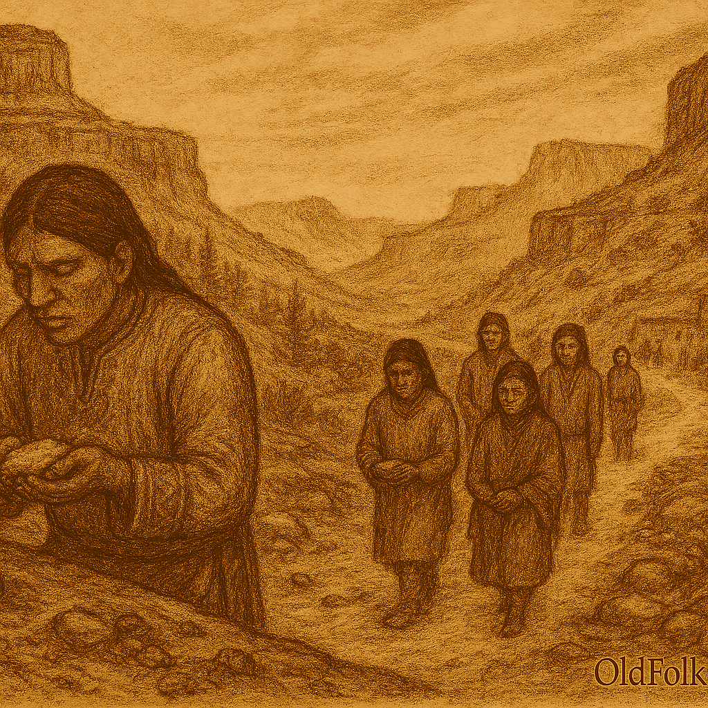 A sepia-toned illustration on aged parchment depicts a narrow pilgrimage path winding through a canyon in the high desert of western New Mexico. Layered mesas rise steeply on both sides, etched with striations and shadows. Along the rocky path, five Zuni pilgrims walk in solemn single file, each carrying a small offering of cornmeal in cupped hands. They wear long-sleeved traditional garments and headbands, their expressions reverent and contemplative. Sparse desert vegetation sagebrush and tufts of grass dots the landscape, and scattered stones line the path. The sky above is soft and wispy, suggesting a sacred stillness. “OldFolktales.com” is inscribed in the bottom right corner.