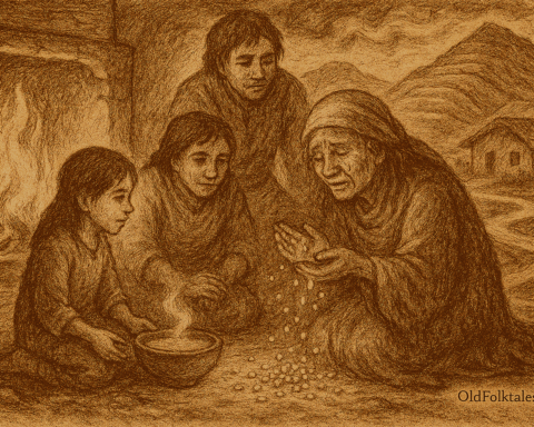 Sepia-toned illustration on aged rice parchment depicting an Andean folktale. Inside a rustic village home at dusk, a humble family shares their last bowl of soup with an elderly traveler beside a glowing hearth. The old woman, revealed as Pachamama, sheds tears that transform into luminous quinoa seeds on the earthen floor. Terraced mountains rise in the background through an open doorway, symbolizing sacred abundance. “OldFolktales.com” is inscribed at the bottom right corner.