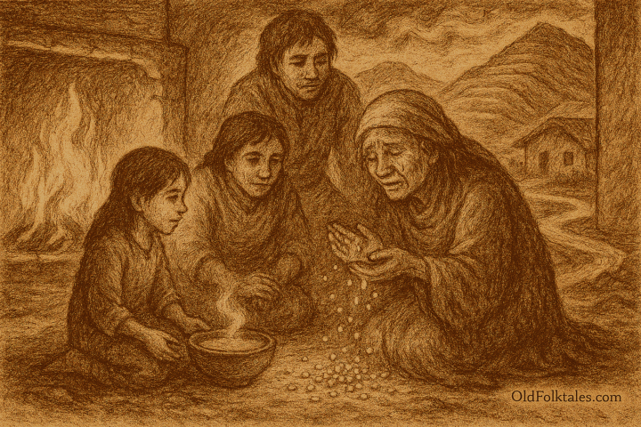 Sepia-toned illustration on aged rice parchment depicting an Andean folktale. Inside a rustic village home at dusk, a humble family shares their last bowl of soup with an elderly traveler beside a glowing hearth. The old woman, revealed as Pachamama, sheds tears that transform into luminous quinoa seeds on the earthen floor. Terraced mountains rise in the background through an open doorway, symbolizing sacred abundance. “OldFolktales.com” is inscribed at the bottom right corner.
