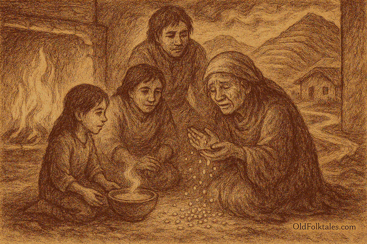 Sepia-toned illustration on aged rice parchment depicting an Andean folktale. Inside a rustic village home at dusk, a humble family shares their last bowl of soup with an elderly traveler beside a glowing hearth. The old woman, revealed as Pachamama, sheds tears that transform into luminous quinoa seeds on the earthen floor. Terraced mountains rise in the background through an open doorway, symbolizing sacred abundance. “OldFolktales.com” is inscribed at the bottom right corner.