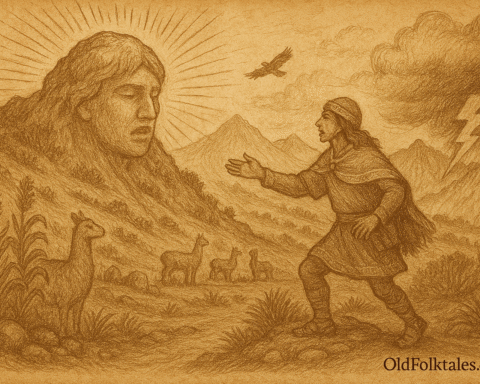 Sepia-toned parchment illustration of a Quechua folktale scene in the high Andes. On the right, a young shepherd named Tupaq stands in awe, reaching out toward a sacred hill with a large, solemn human face emerging from its grassy slope, the wak’a Apu Qaqa. Tupaq wears a traditional chullo hat and poncho, his expression filled with wonder. Llamas and alpacas graze peacefully nearby. Towering mountain peaks rise in the background, with swirling clouds and a condor soaring overhead. A lightning bolt strikes from the sky, hinting at divine presence. “OldFolktales.com” is inscribed at the bottom right.
