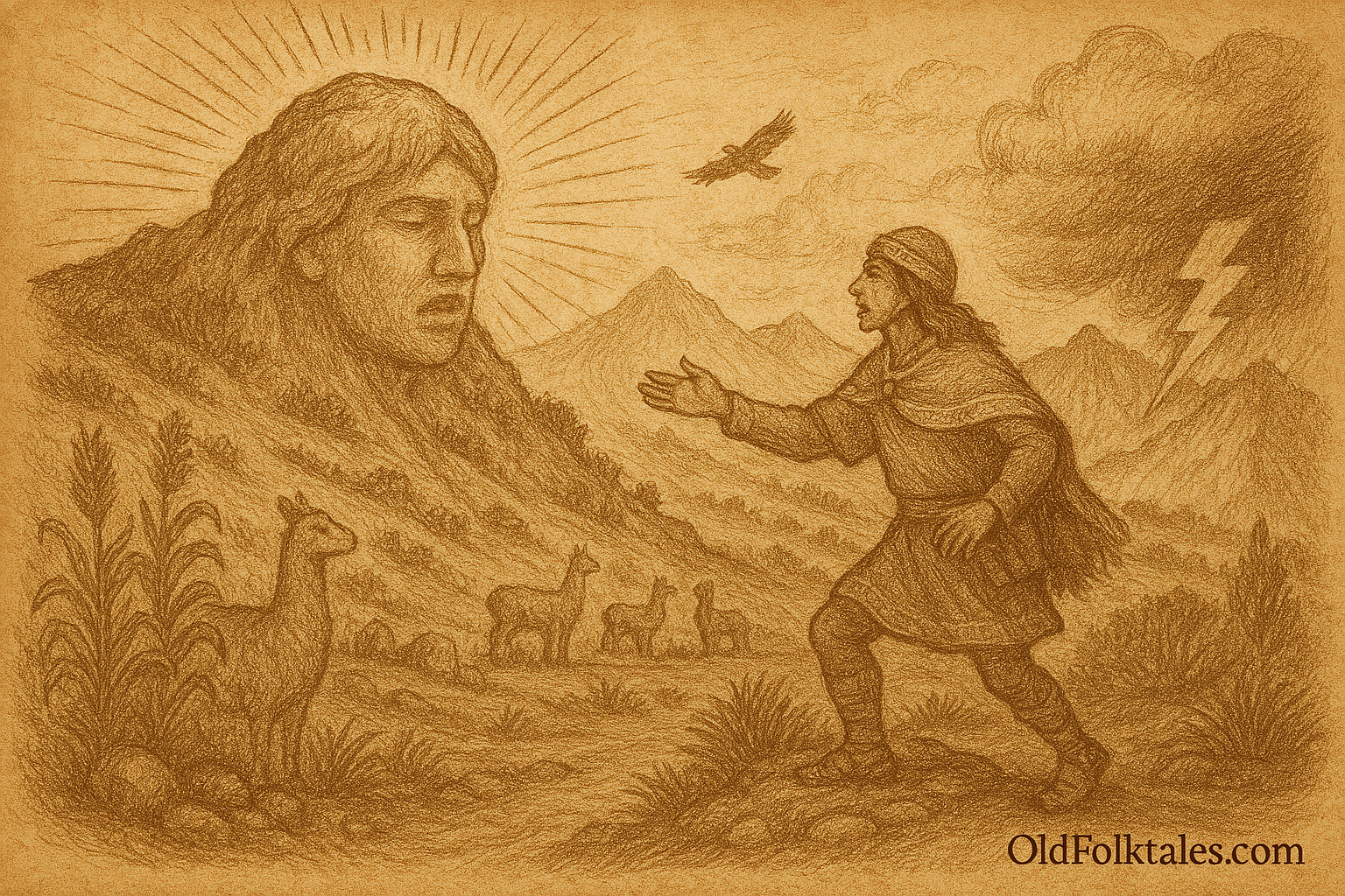 Sepia-toned parchment illustration of a Quechua folktale scene in the high Andes. On the right, a young shepherd named Tupaq stands in awe, reaching out toward a sacred hill with a large, solemn human face emerging from its grassy slope, the wak’a Apu Qaqa. Tupaq wears a traditional chullo hat and poncho, his expression filled with wonder. Llamas and alpacas graze peacefully nearby. Towering mountain peaks rise in the background, with swirling clouds and a condor soaring overhead. A lightning bolt strikes from the sky, hinting at divine presence. “OldFolktales.com” is inscribed at the bottom right.