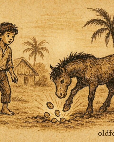 Parchment-style illustration of Toussel the little horse aiding a boy, Caribbean folktale.