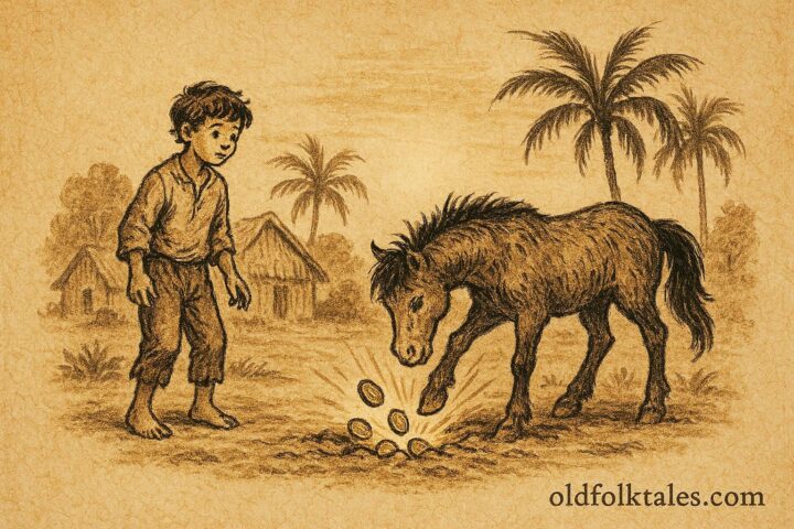 Parchment-style illustration of Toussel the little horse aiding a boy, Caribbean folktale.