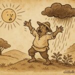 Parchment-style illustration of Bouki trying to command the weather in a Haitian folktale about humility.