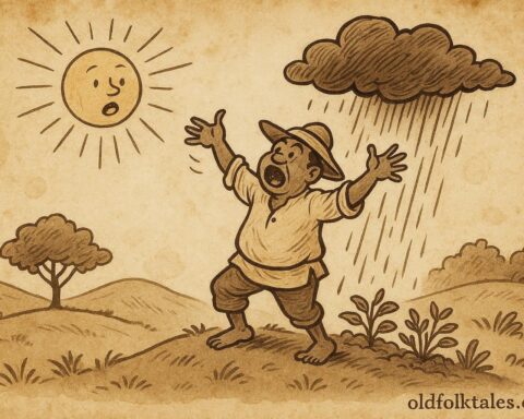 Parchment-style illustration of Bouki trying to command the weather in a Haitian folktale about humility.