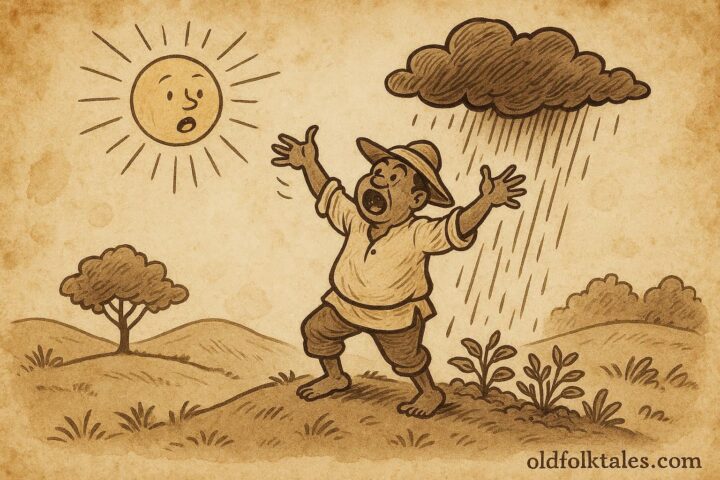 Parchment-style illustration of Bouki trying to command the weather in a Haitian folktale about humility.