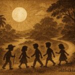 Parchment-style illustration of children walking under a protective full moon, Afro-Surinamese folktale scene.