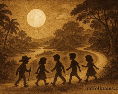 Parchment-style illustration of children walking under a protective full moon, Afro-Surinamese folktale scene.