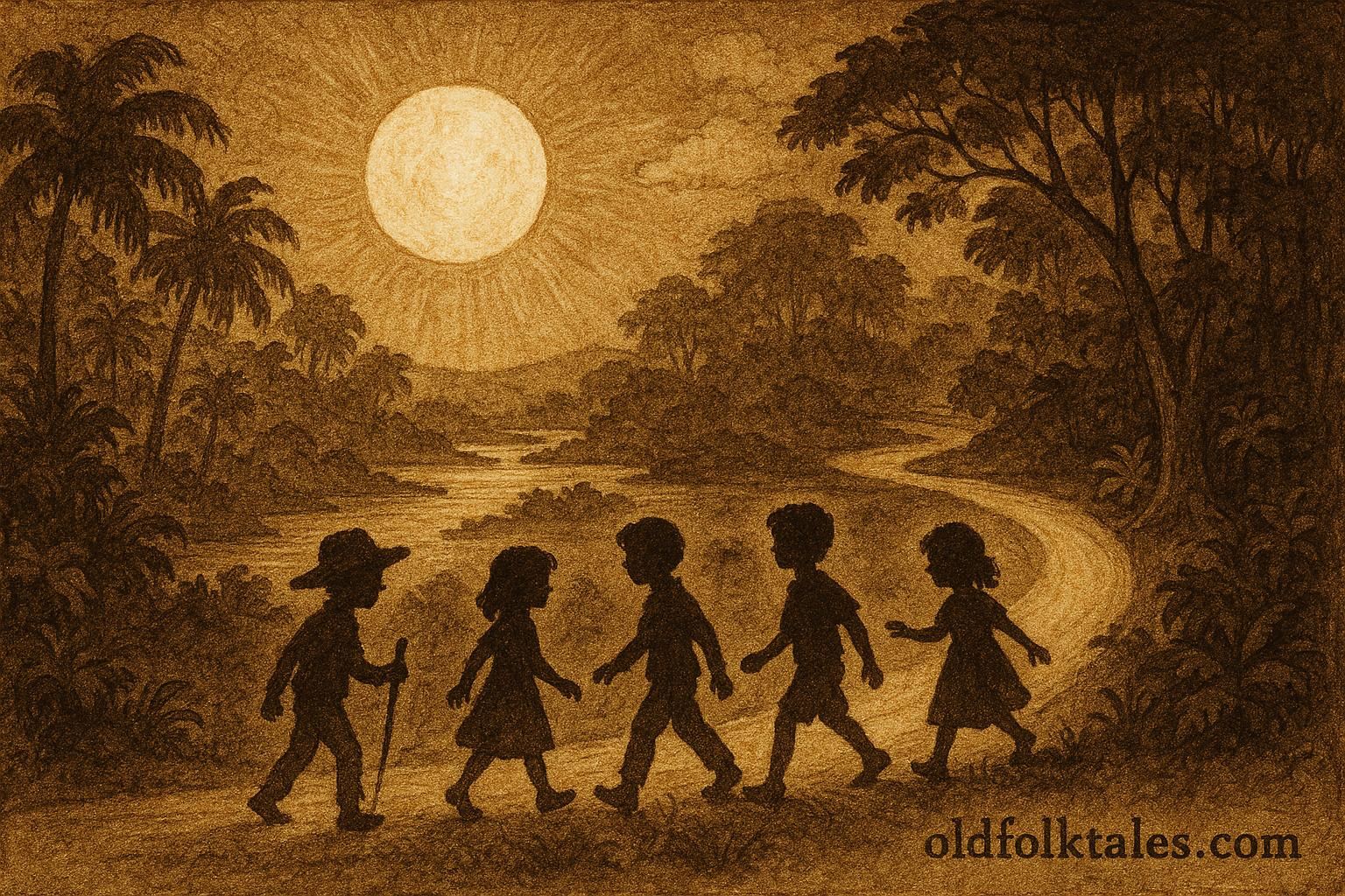 Parchment-style illustration of children walking under a protective full moon, Afro-Surinamese folktale scene.