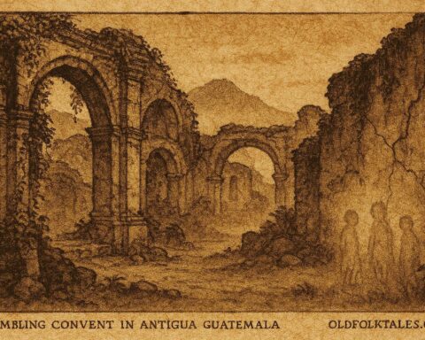 Parchment style artwork of haunted convent ruins with whispering children, Guatemalan folktale.