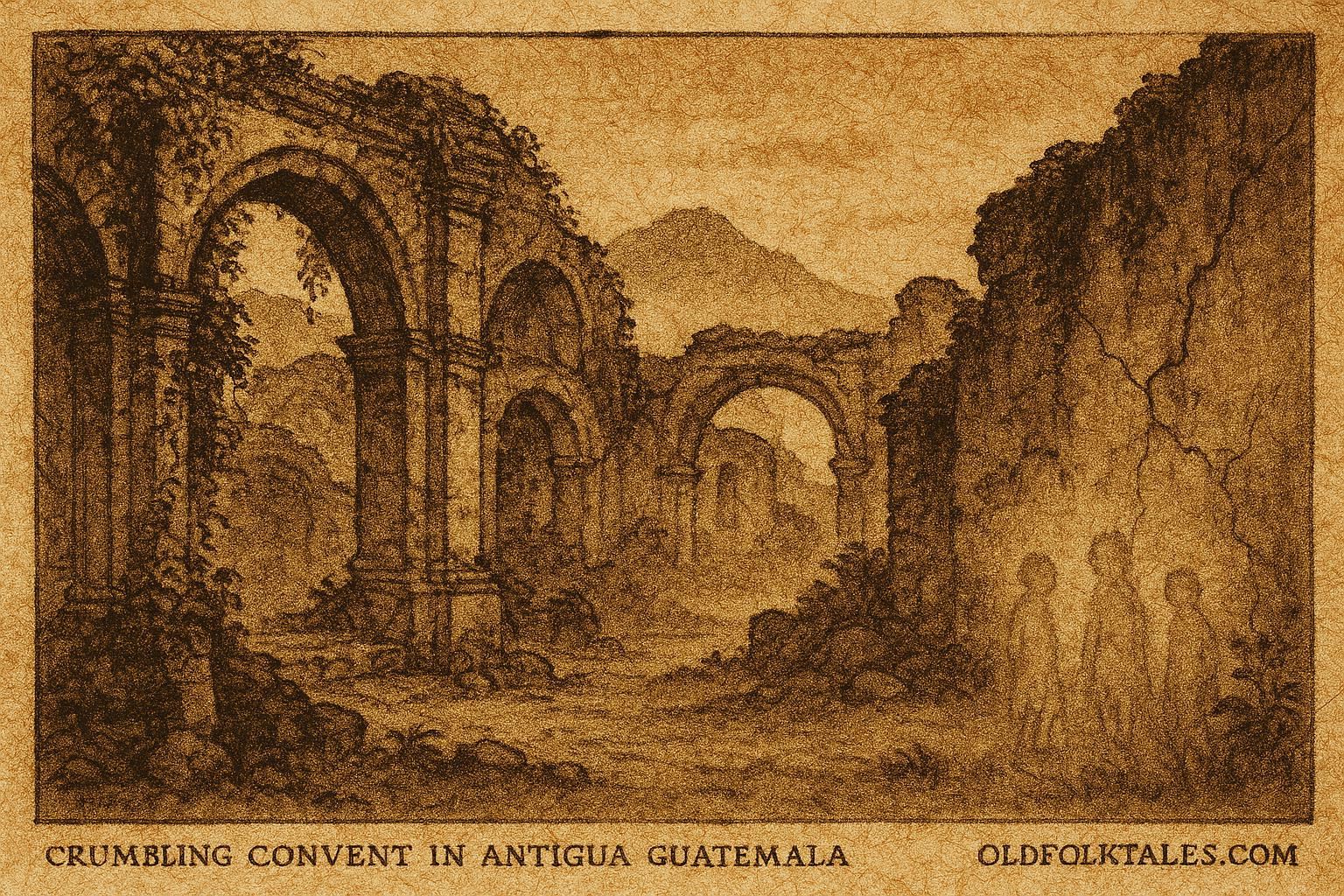 Parchment style artwork of haunted convent ruins with whispering children, Guatemalan folktale.