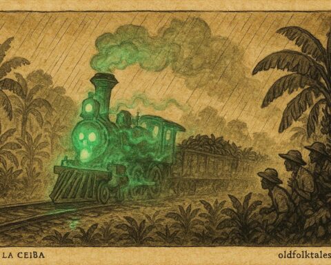 Parchment style artwork of ghost train hauling bananas, Honduran Creole folklore scene.