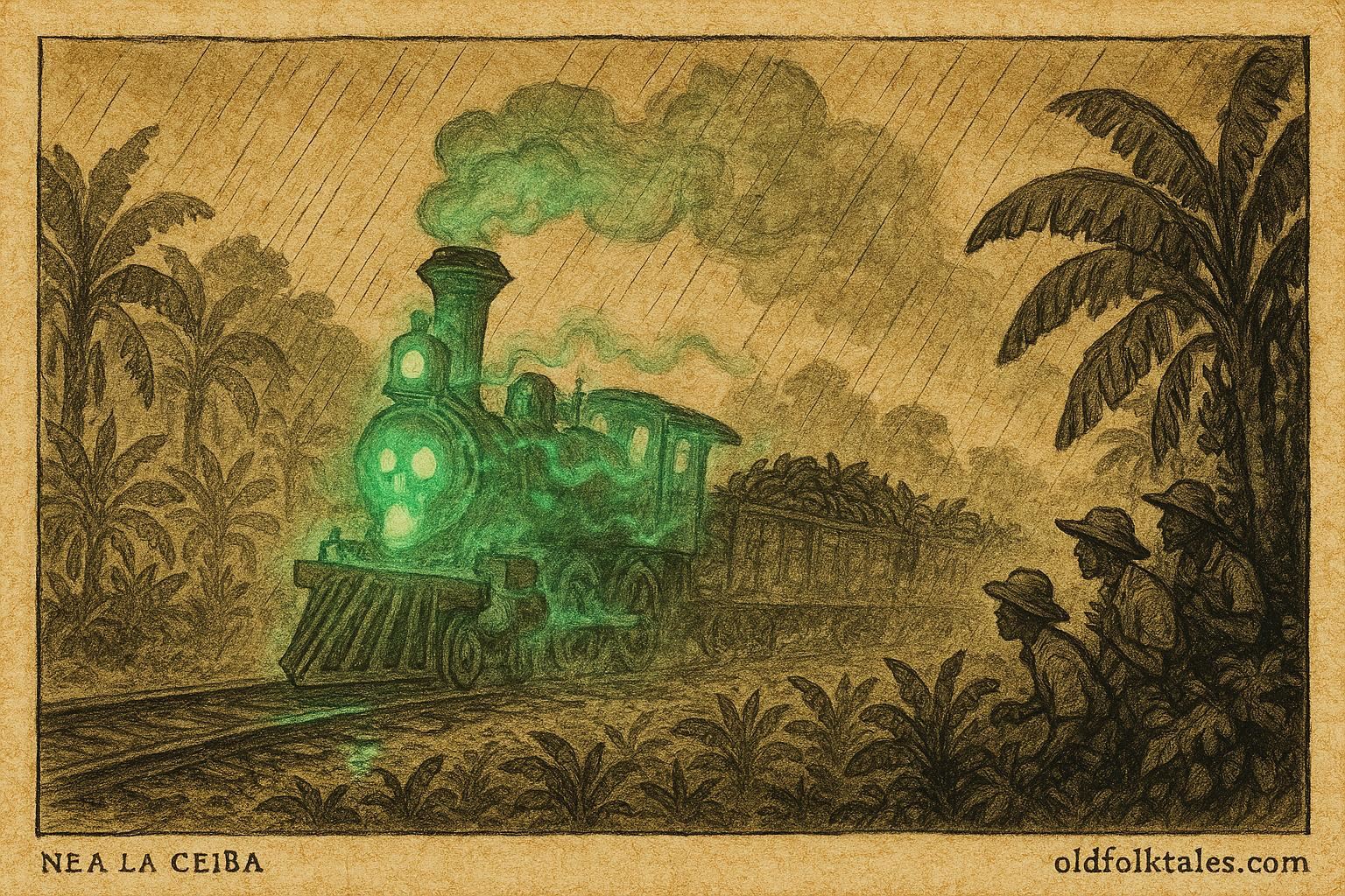 Parchment style artwork of ghost train hauling bananas, Honduran Creole folklore scene.