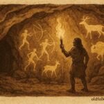Parchment style cave art of Pech ancestors and hunters, Honduran indigenous folktale.