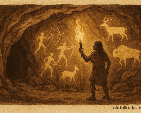 Parchment style cave art of Pech ancestors and hunters, Honduran indigenous folktale.