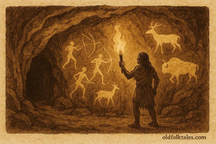 Parchment style cave art of Pech ancestors and hunters, Honduran indigenous folktale.