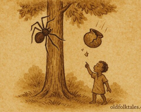 Parchment-style illustration of Anansi dropping a wisdom pot, Jamaican folktale scene.