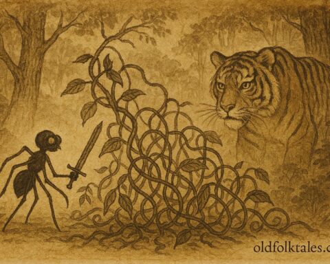 Parchment-style artwork of Anansi borrowing Tiger’s sword, Jamaican folktale scene.