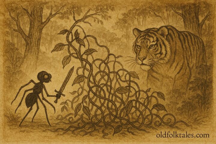 Parchment-style artwork of Anansi borrowing Tiger’s sword, Jamaican folktale scene.