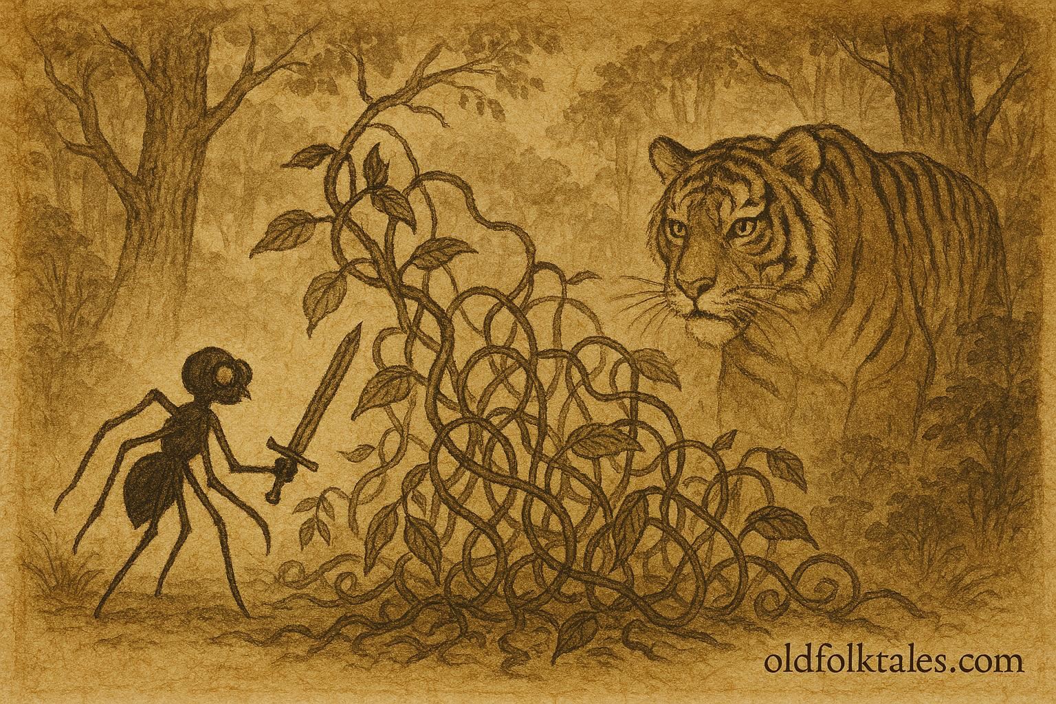 Parchment-style artwork of Anansi borrowing Tiger’s sword, Jamaican folktale scene.