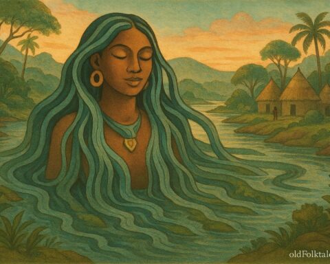 Atabey, Taíno mother goddess of water, rising from a river to watch over life and fertility