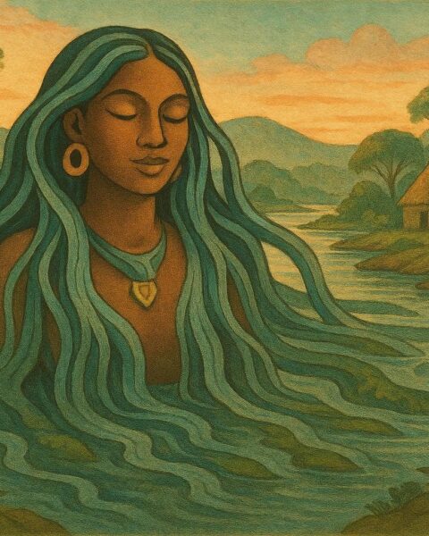 Atabey, Taíno mother goddess of water, rising from a river to watch over life and fertility