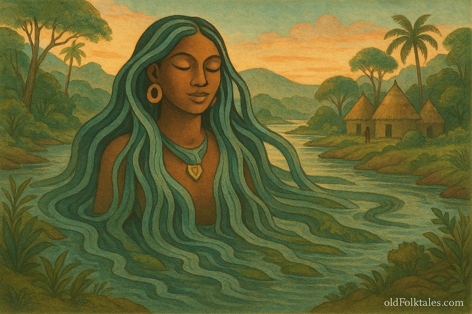 Atabey, Taíno mother goddess of water, rising from a river to watch over life and fertility