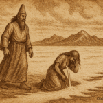 Sepia-toned parchment-style illustration of Bolivian god Tunupa standing solemnly on the Altiplano as his humiliated wife kneels, pouring white milk onto the earth that crystallizes into the vast Salar de Uyuni salt flat under a dramatic sky; "OldFolktales.com" inscribed in the bottom right corner.