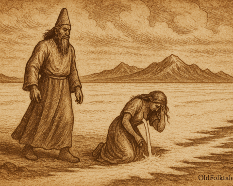 Sepia-toned parchment-style illustration of Bolivian god Tunupa standing solemnly on the Altiplano as his humiliated wife kneels, pouring white milk onto the earth that crystallizes into the vast Salar de Uyuni salt flat under a dramatic sky; "OldFolktales.com" inscribed in the bottom right corner.